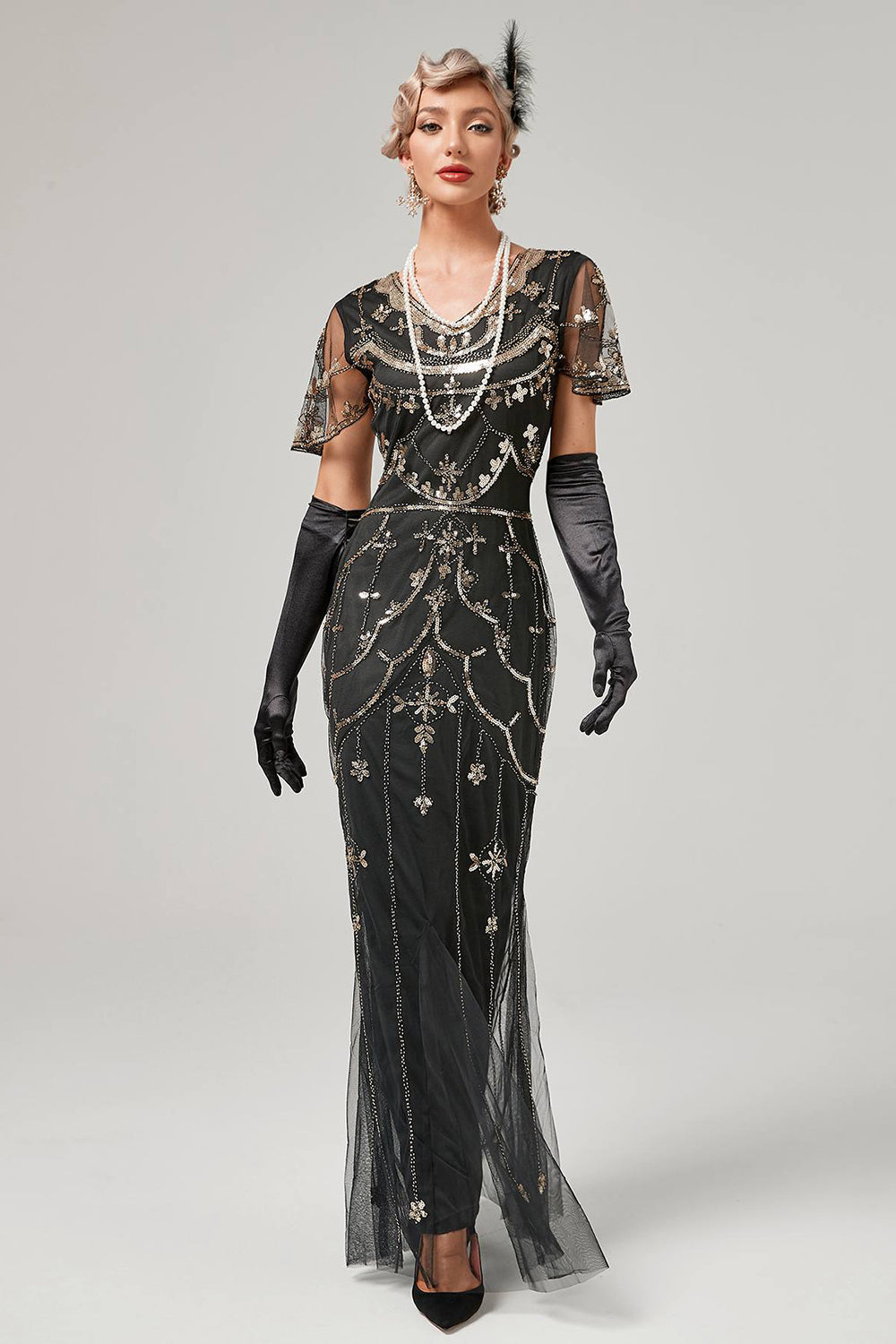 Schwarzes rosa Paillettenkleid aus den 1920er Jahren