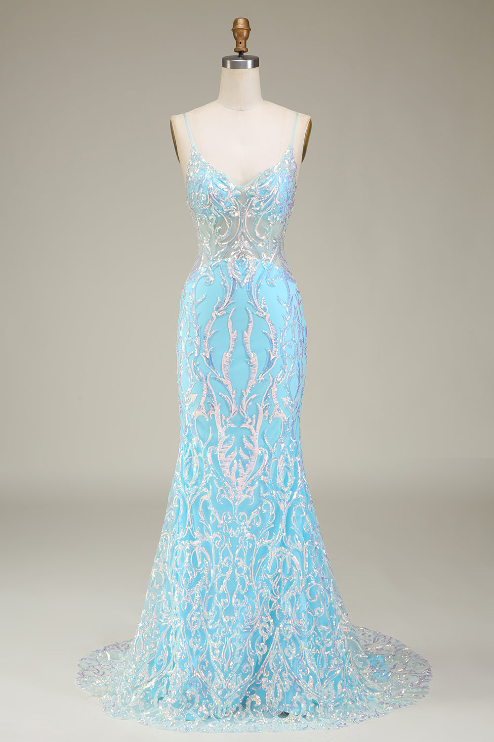 Blaues Spaghettiträger glitzerndes Meerjungfrauen Ballkleid
