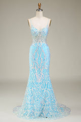 Blaues Spaghettiträger glitzerndes Meerjungfrauen Ballkleid