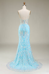 Blaues Spaghettiträger glitzerndes Meerjungfrauen Ballkleid