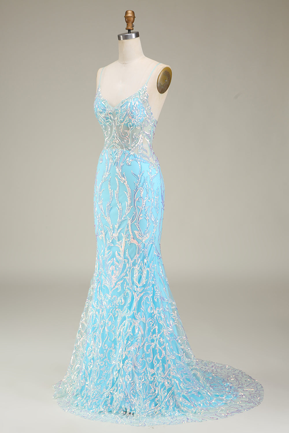 Blaues Spaghettiträger glitzerndes Meerjungfrauen Ballkleid