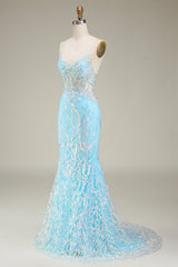 Blaues Spaghettiträger glitzerndes Meerjungfrauen Ballkleid