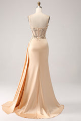 Elegantes champagner Meerjungfrauen Plissee Satin Ballkleid mit Applikationen