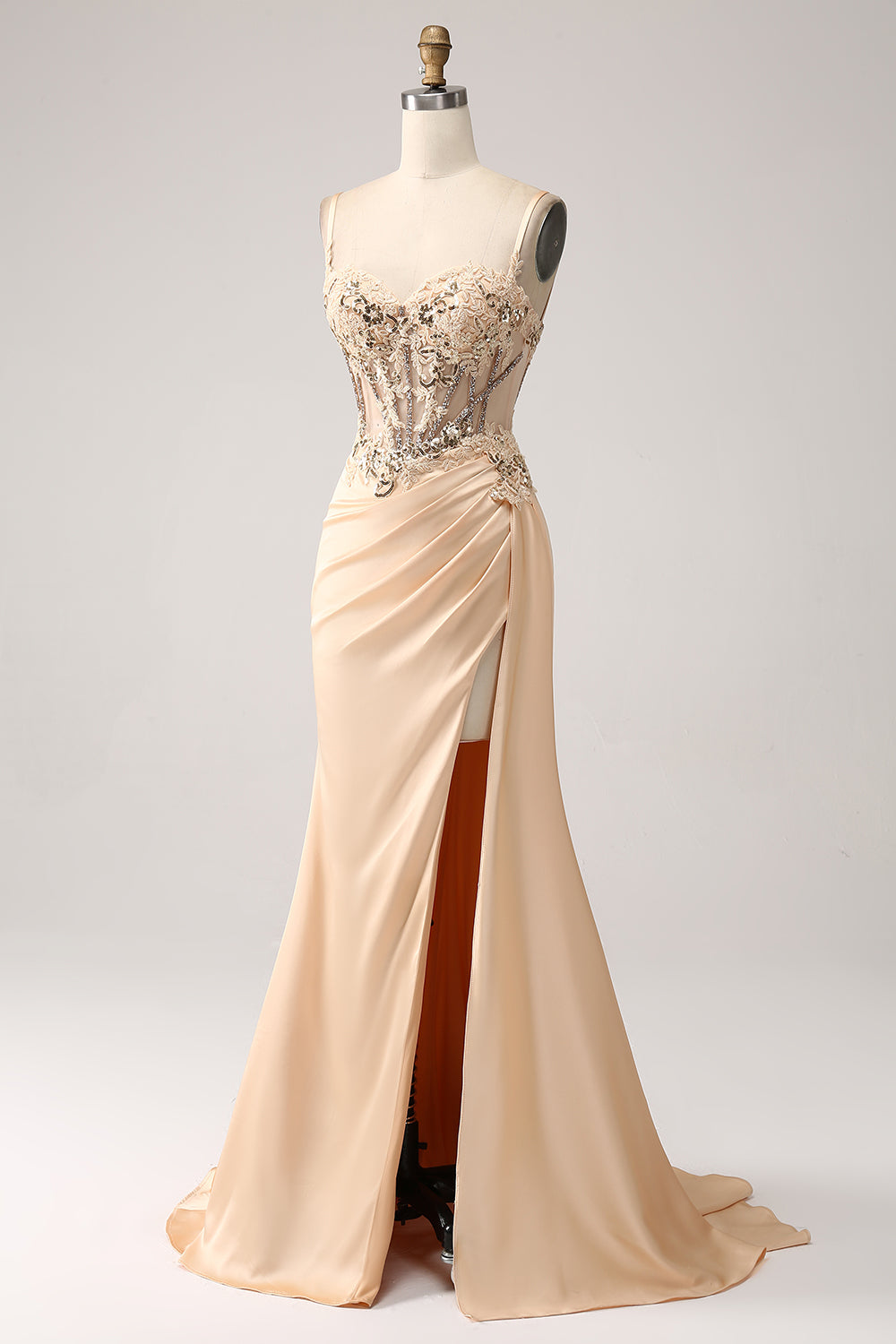 Elegantes champagner Meerjungfrauen Plissee Satin Ballkleid mit Applikationen