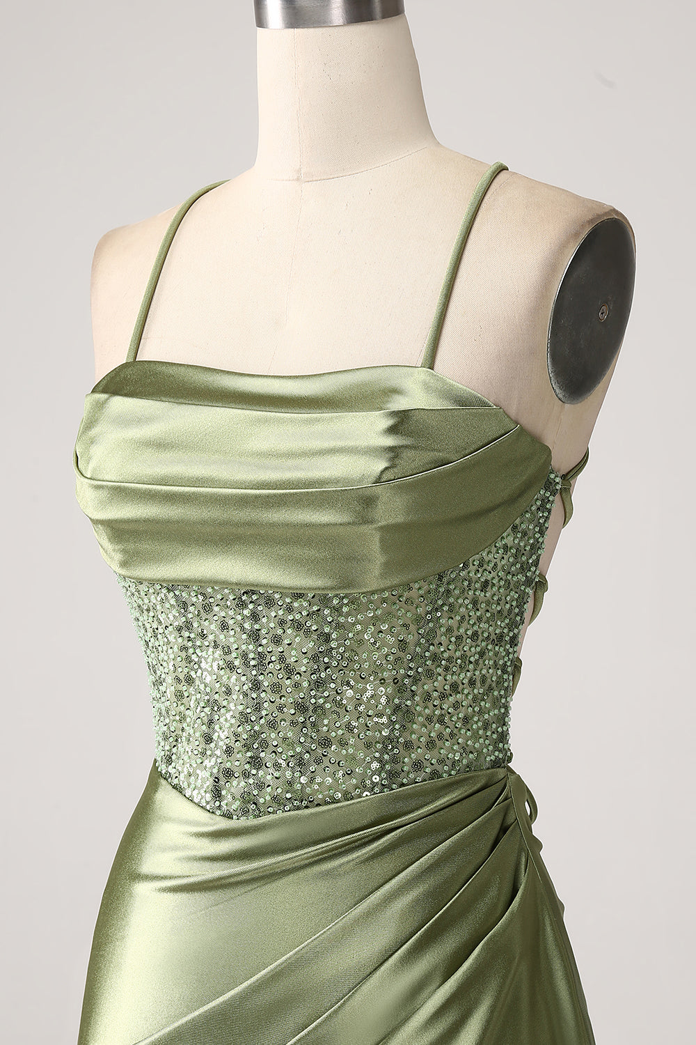 Armeegrünes Meerjungfrauen Pailletten langes Ballkleid mit Schlitz