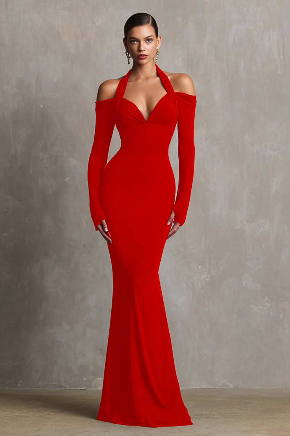 Burgunderrotes Neckholder Meerjungfrau Spandex Langes Ballkleid