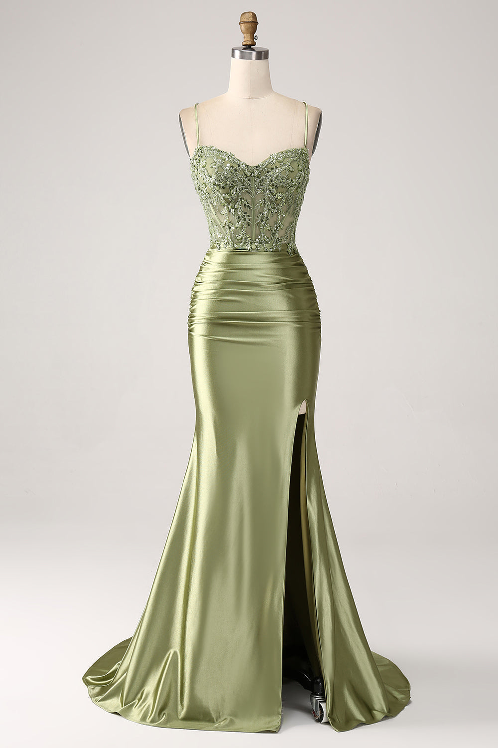 Zapaka Damen Langes Salbei Ballkleid Meerjungfrau Spaghettiträger Abend Partykleid mit Schlitz und Schnürung Rücken