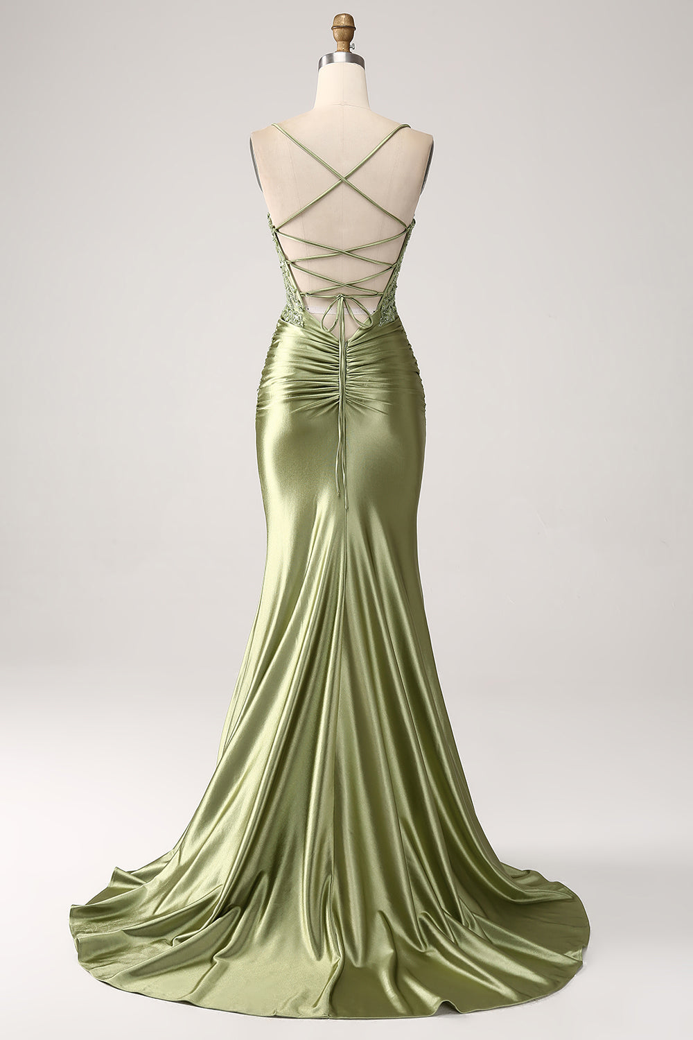 Meerjungfrau-Linie V-Ausschnitt Spaghettiträger Ballkleid mit Schnürrücken und Schlitz Salbei