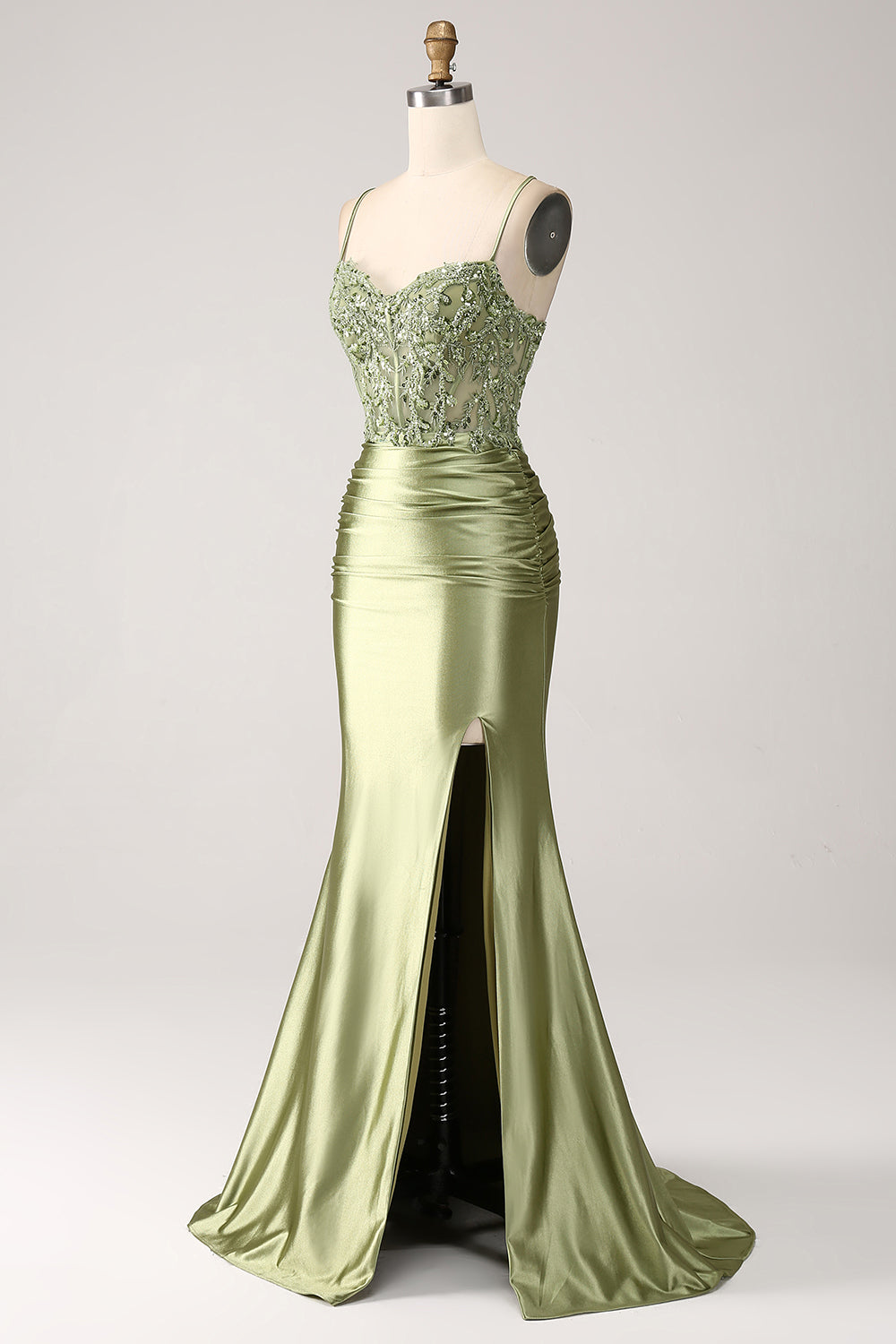 Meerjungfrau-Linie V-Ausschnitt Spaghettiträger Ballkleid mit Schnürrücken und Schlitz Salbei