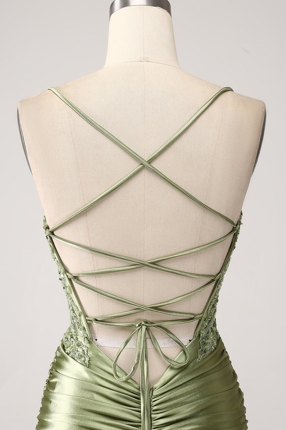 Meerjungfrau-Linie V-Ausschnitt Spaghettiträger Ballkleid mit Schnürrücken und Schlitz Salbei