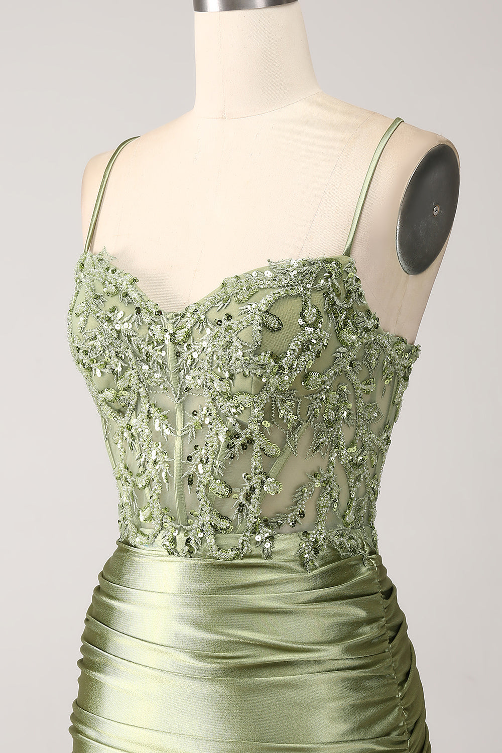 Meerjungfrau-Linie V-Ausschnitt Spaghettiträger Ballkleid mit Schnürrücken und Schlitz Salbei