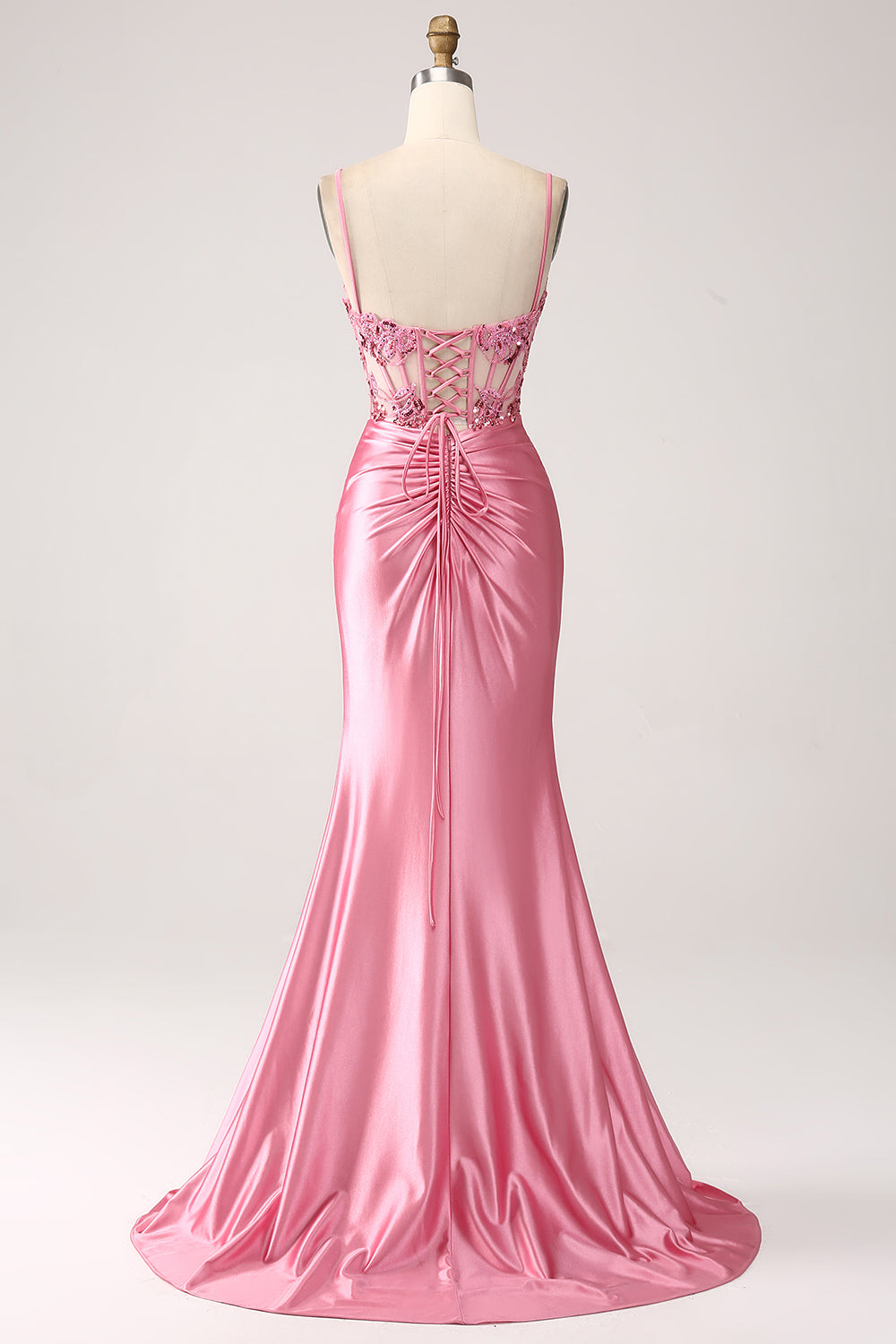 Rosa Meerjungfrau Spaghettiträger Pailletten Korsett Ballkleid mit Schlitz