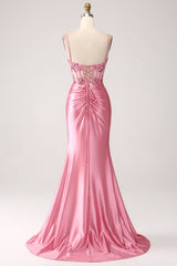 Rosa Meerjungfrau Spaghettiträger Pailletten Korsett Ballkleid mit Schlitz