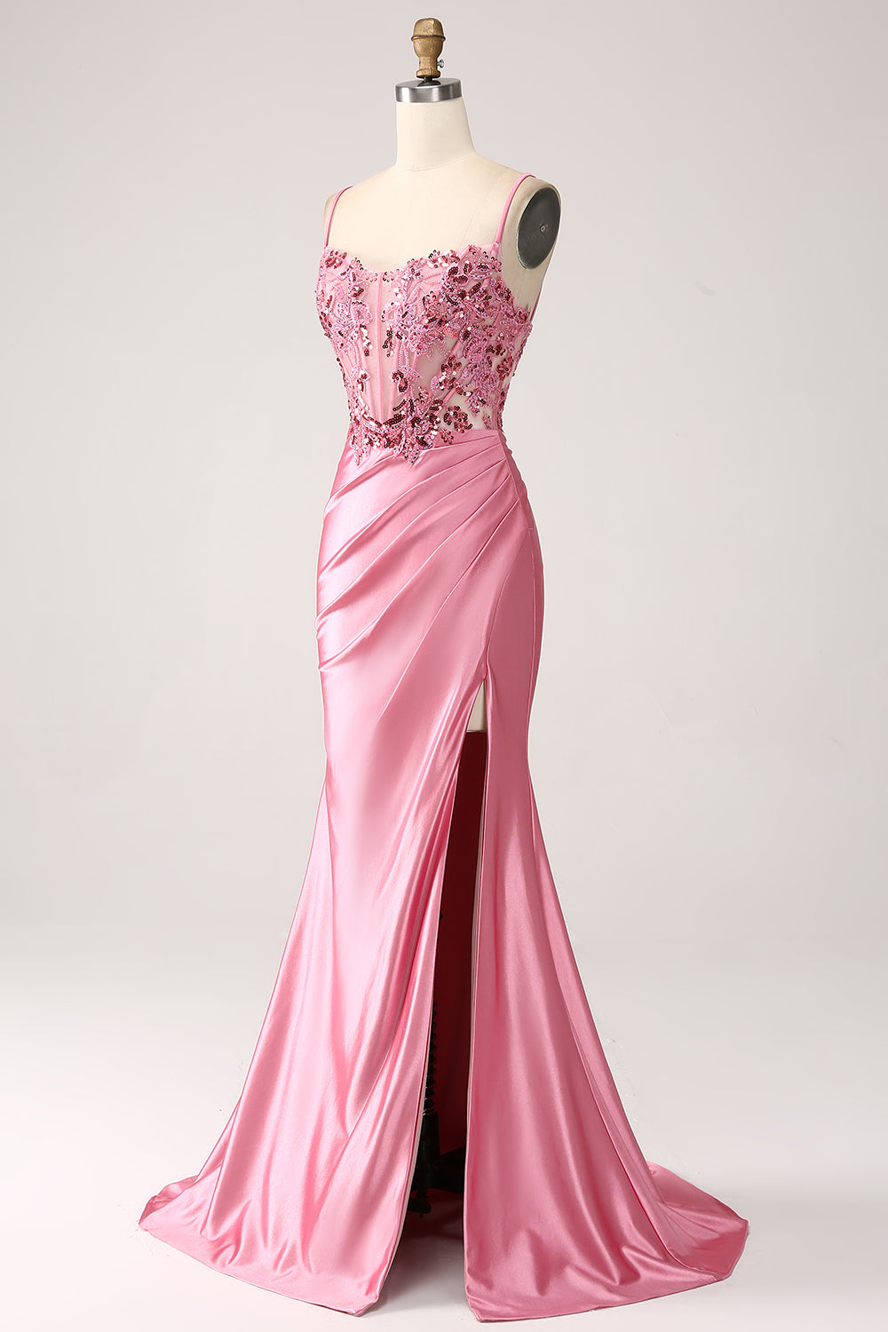 Rosa Meerjungfrau Spaghettiträger Pailletten Korsett Ballkleid mit Schlitz
