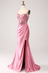 Rosa Meerjungfrau Spaghettiträger Pailletten Korsett Ballkleid mit Schlitz
