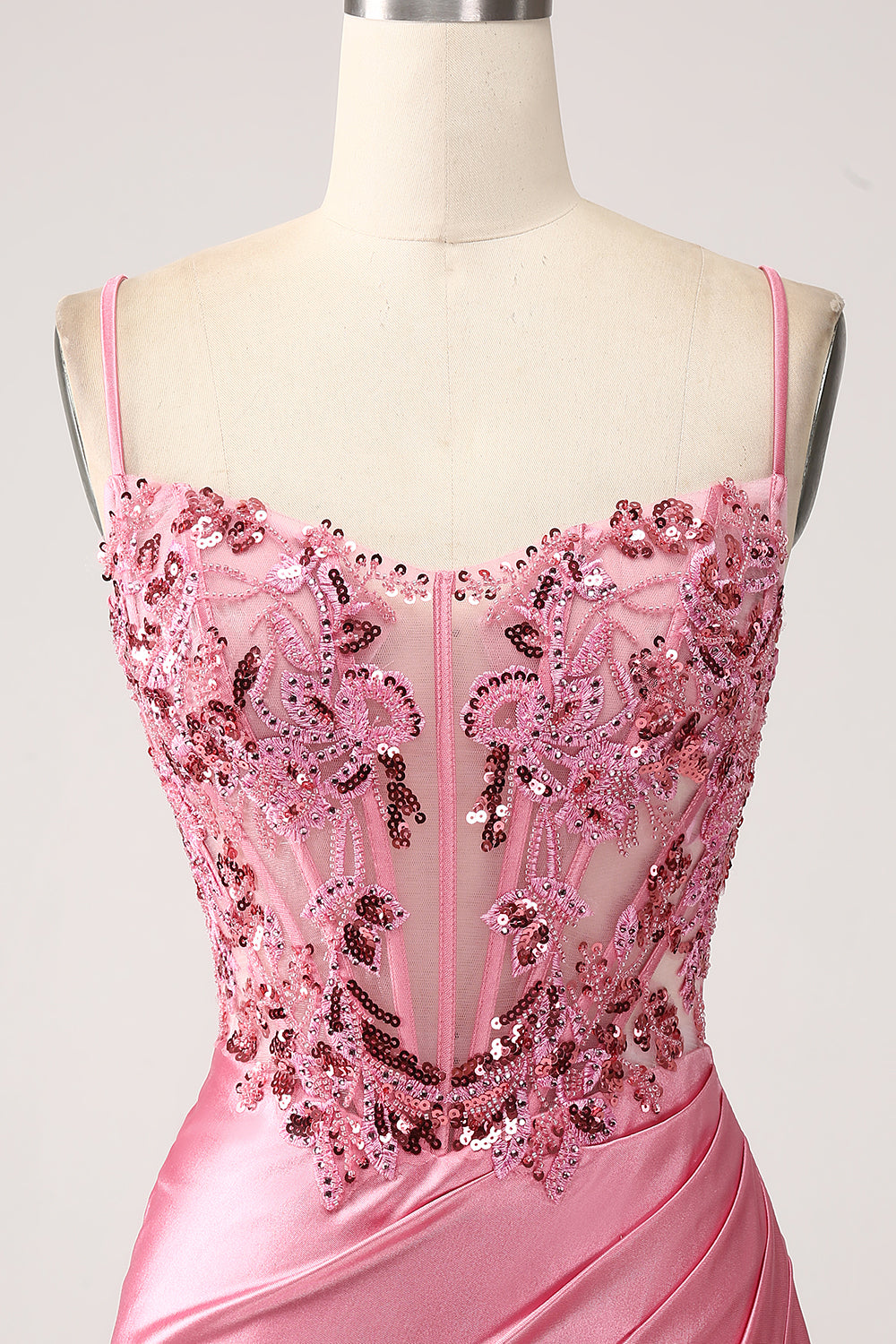 Rosa Meerjungfrau Spaghettiträger Pailletten Korsett Ballkleid mit Schlitz