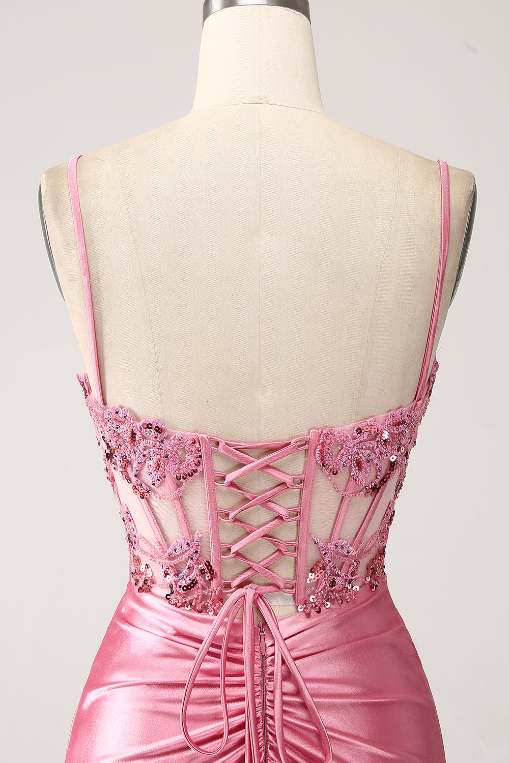 Rosa Meerjungfrau Spaghettiträger Pailletten Korsett Ballkleid mit Schlitz