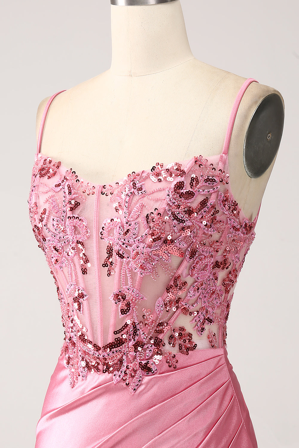 Rosa Meerjungfrau Spaghettiträger Pailletten Korsett Ballkleid mit Schlitz