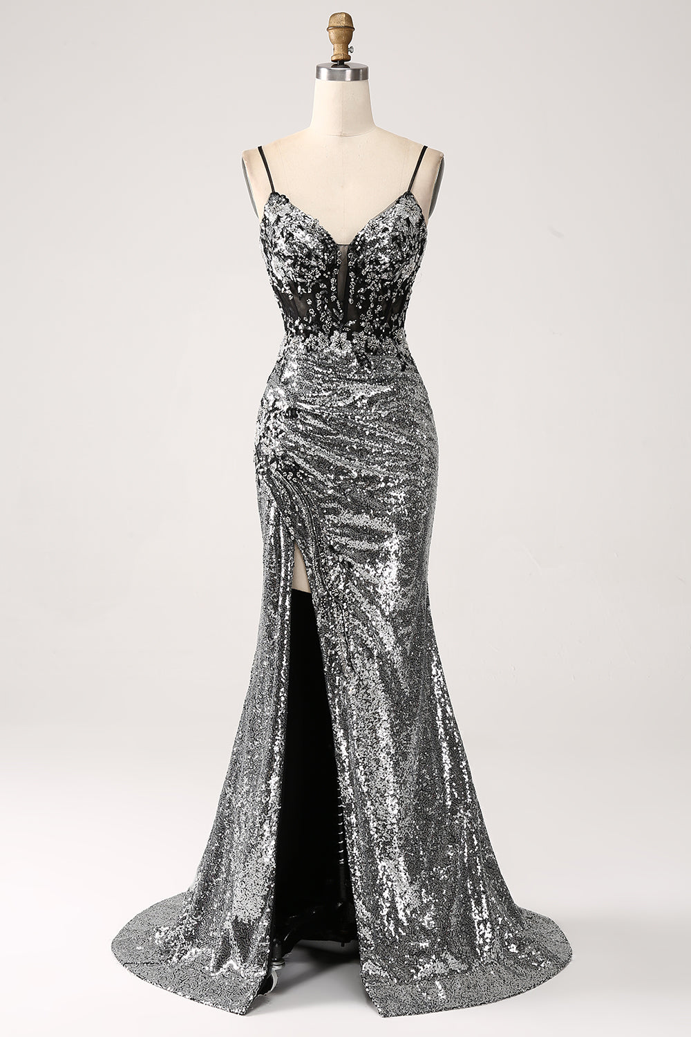 Schwarzes glitzerndes Meerjungfrauen Spaghettiträger Korsett Ballkleid mit Schlitz