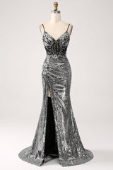 Schwarzes glitzerndes Meerjungfrauen Spaghettiträger Korsett Ballkleid mit Schlitz