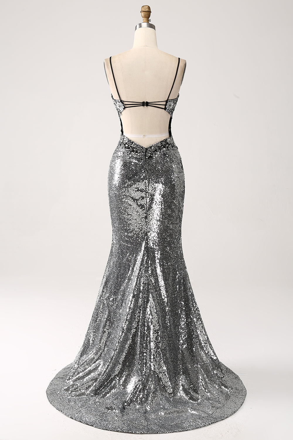 Schwarzes glitzerndes Meerjungfrauen Spaghettiträger Korsett Ballkleid mit Schlitz