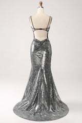 Schwarzes glitzerndes Meerjungfrauen Spaghettiträger Korsett Ballkleid mit Schlitz