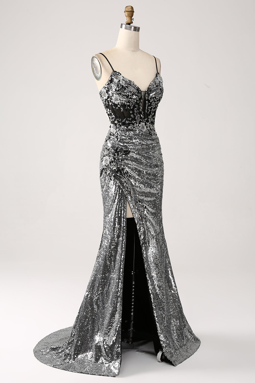 Schwarzes glitzerndes Meerjungfrauen Spaghettiträger Korsett Ballkleid mit Schlitz