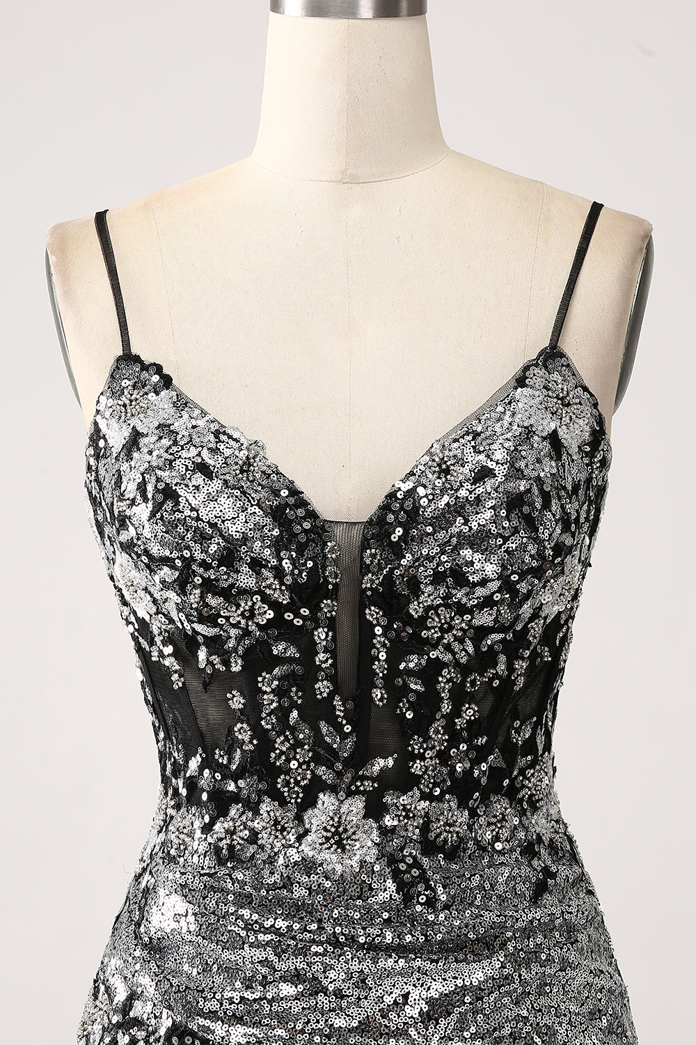 Schwarzes glitzerndes Meerjungfrauen Spaghettiträger Korsett Ballkleid mit Schlitz