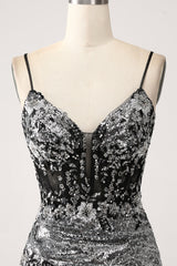 Schwarzes glitzerndes Meerjungfrauen Spaghettiträger Korsett Ballkleid mit Schlitz