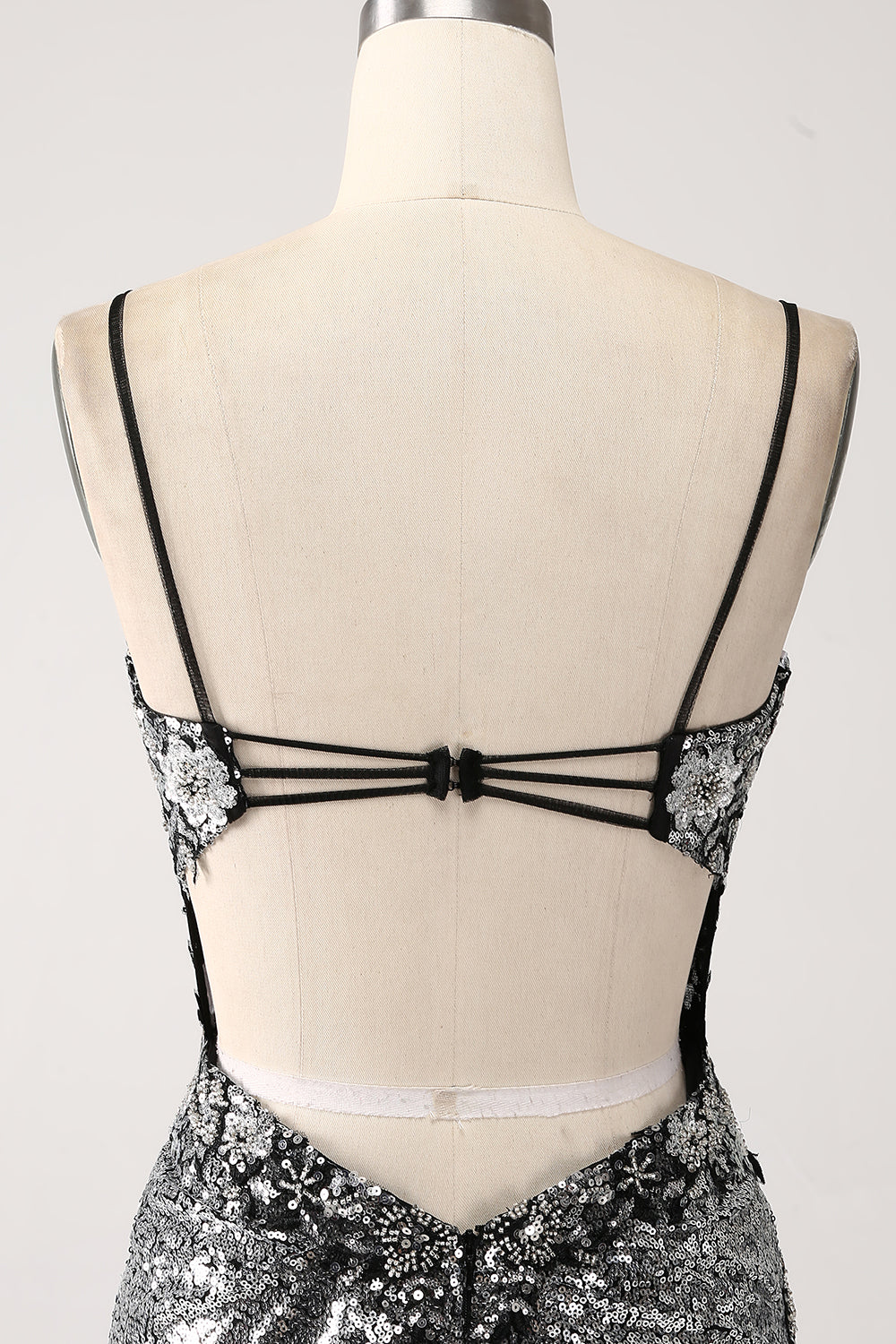 Schwarzes glitzerndes Meerjungfrauen Spaghettiträger Korsett Ballkleid mit Schlitz