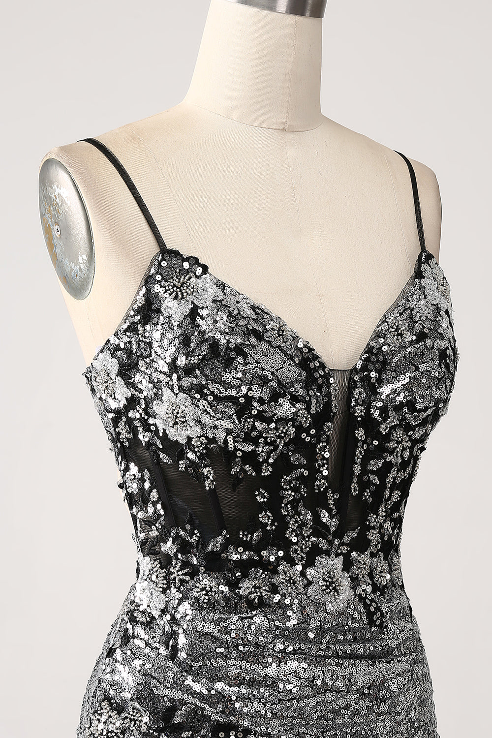 Schwarzes glitzerndes Meerjungfrauen Spaghettiträger Korsett Ballkleid mit Schlitz