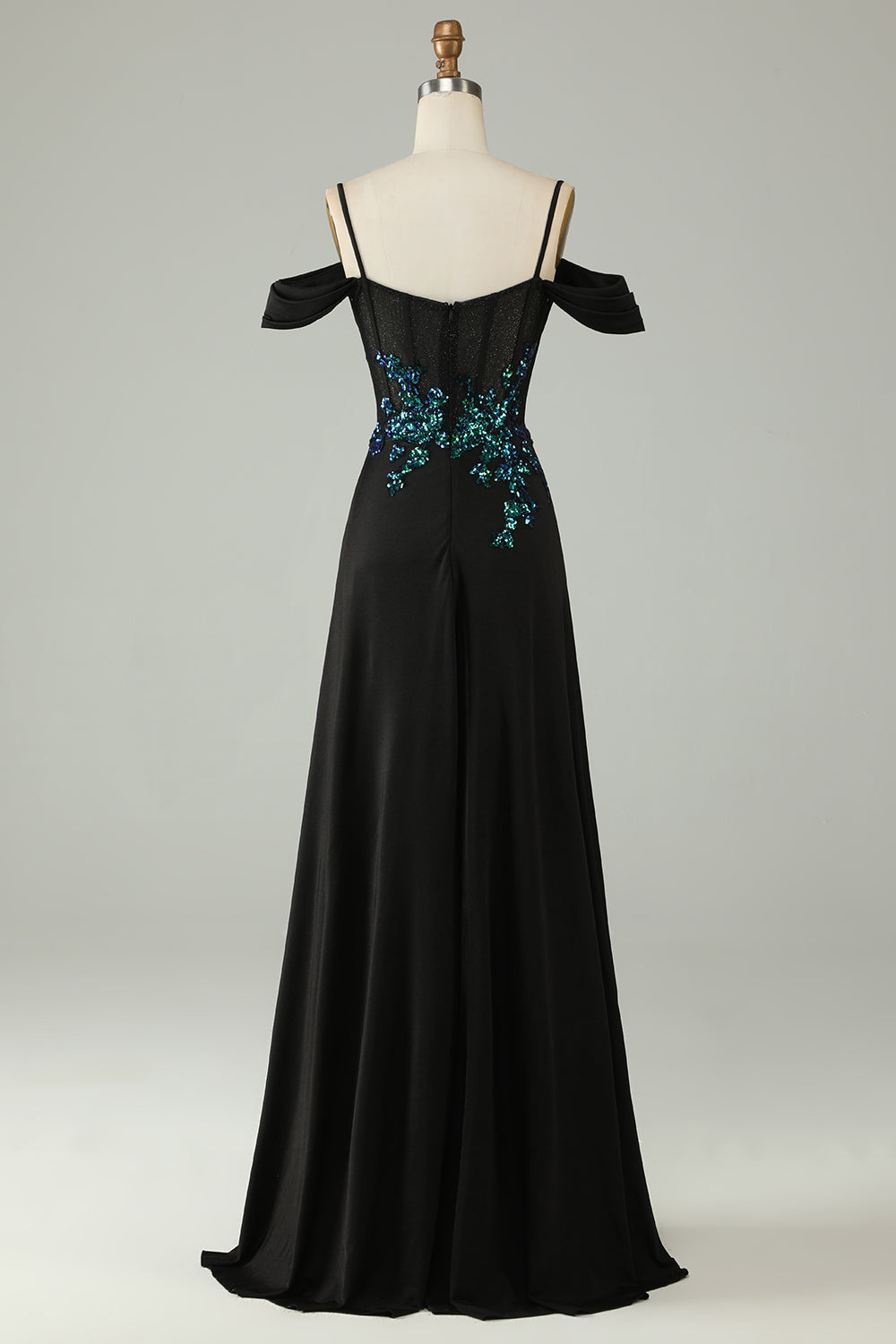 Kaltes schulterfreies schwarzes Pailletten korsett langes Ballkleid