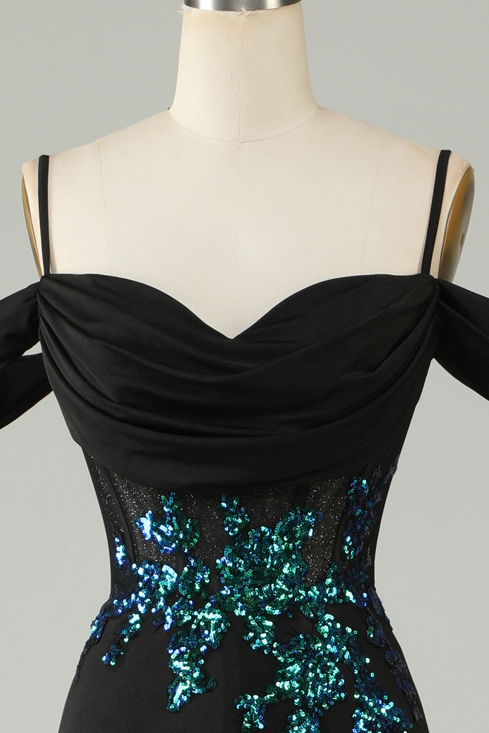 Kaltes schulterfreies schwarzes Pailletten korsett langes Ballkleid