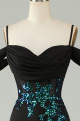 Kaltes schulterfreies schwarzes Pailletten korsett langes Ballkleid