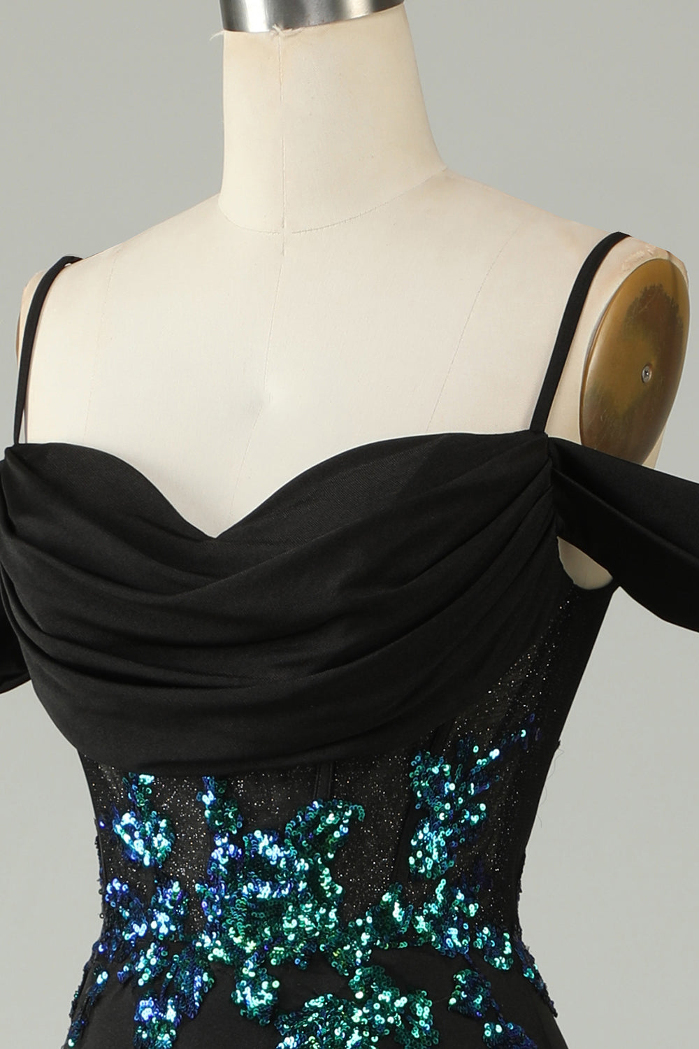 Kaltes schulterfreies schwarzes Pailletten korsett langes Ballkleid