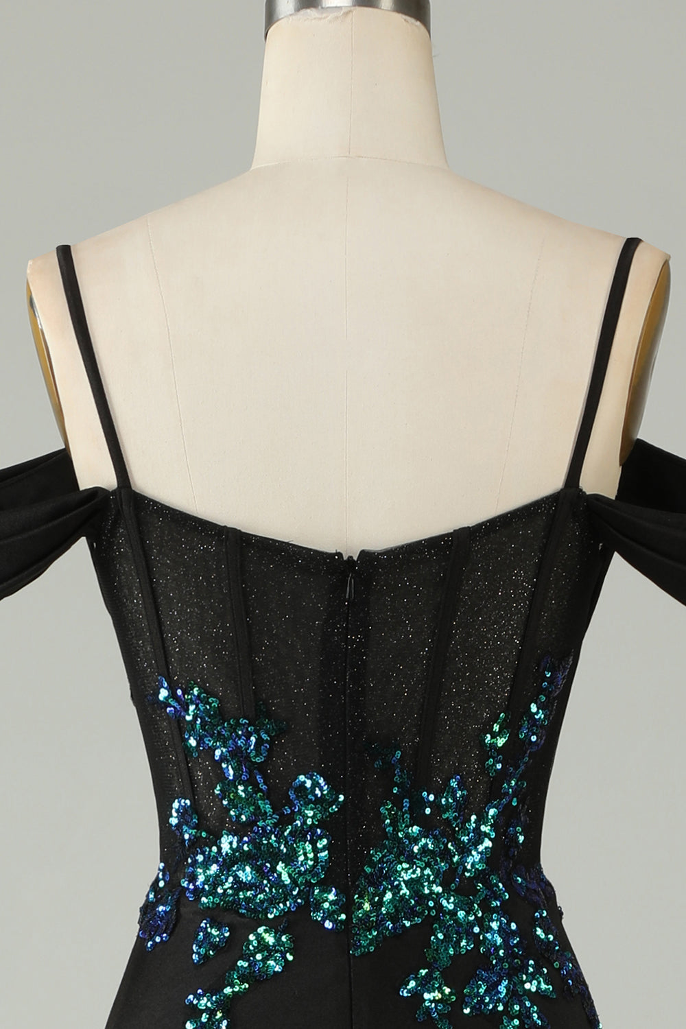 Kaltes schulterfreies schwarzes Pailletten korsett langes Ballkleid