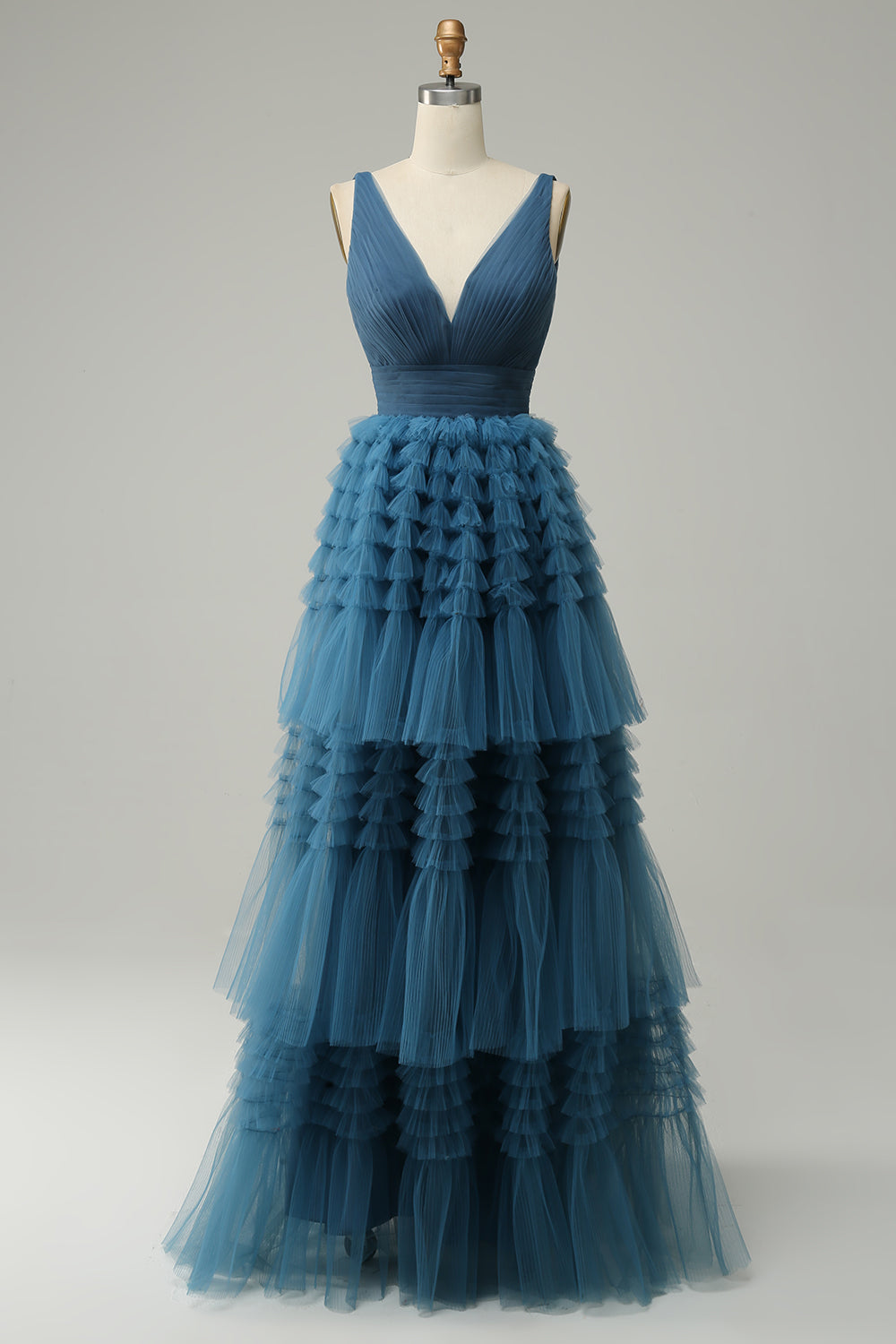 A-Linie blaues V-Ausschnitt langes Ballkleid mit offenem Rücken