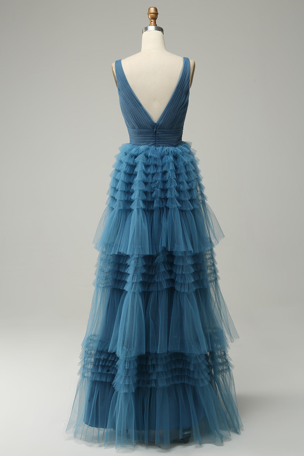 A-Linie blaues V-Ausschnitt langes Ballkleid mit offenem Rücken