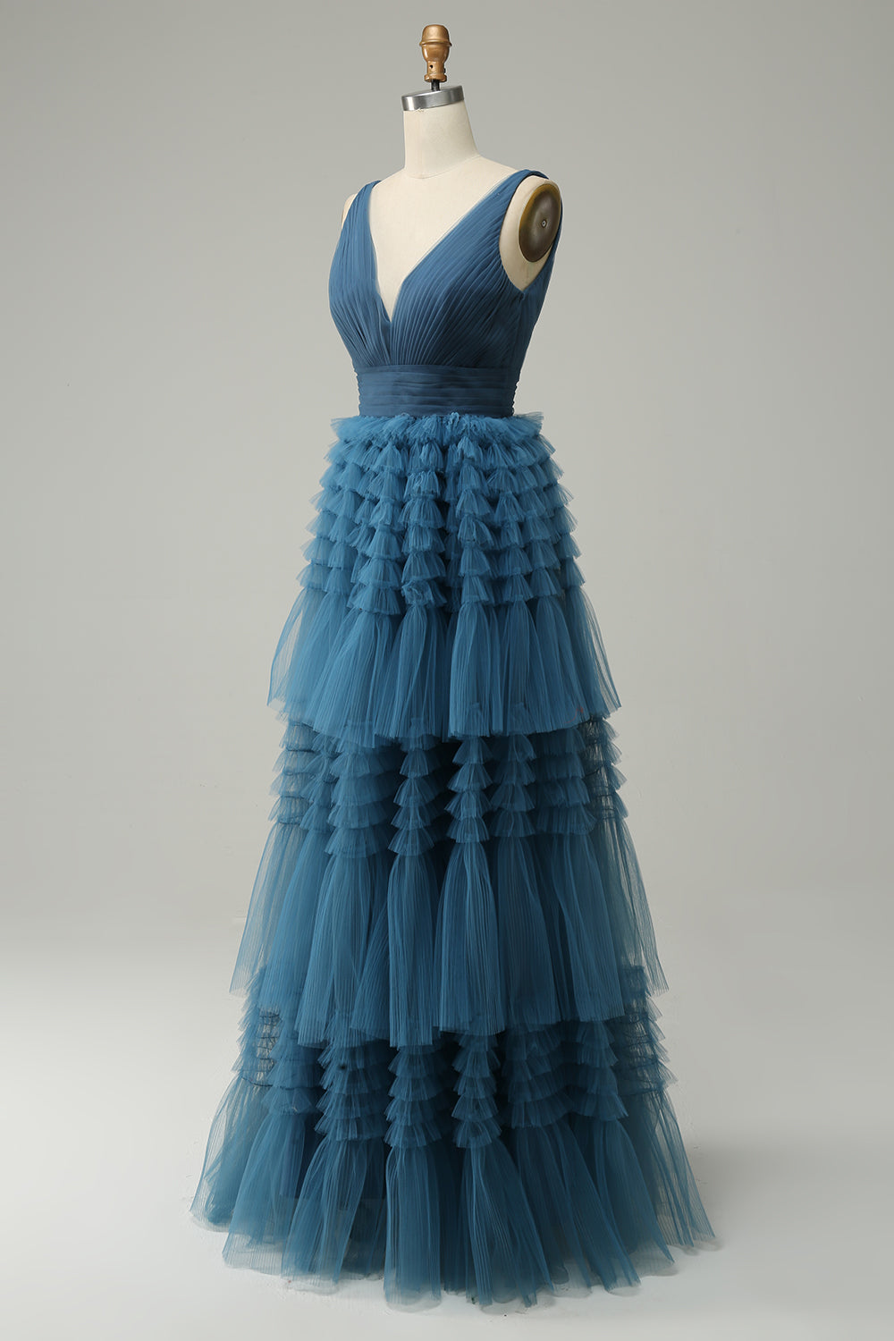 A-Linie blaues V-Ausschnitt langes Ballkleid mit offenem Rücken