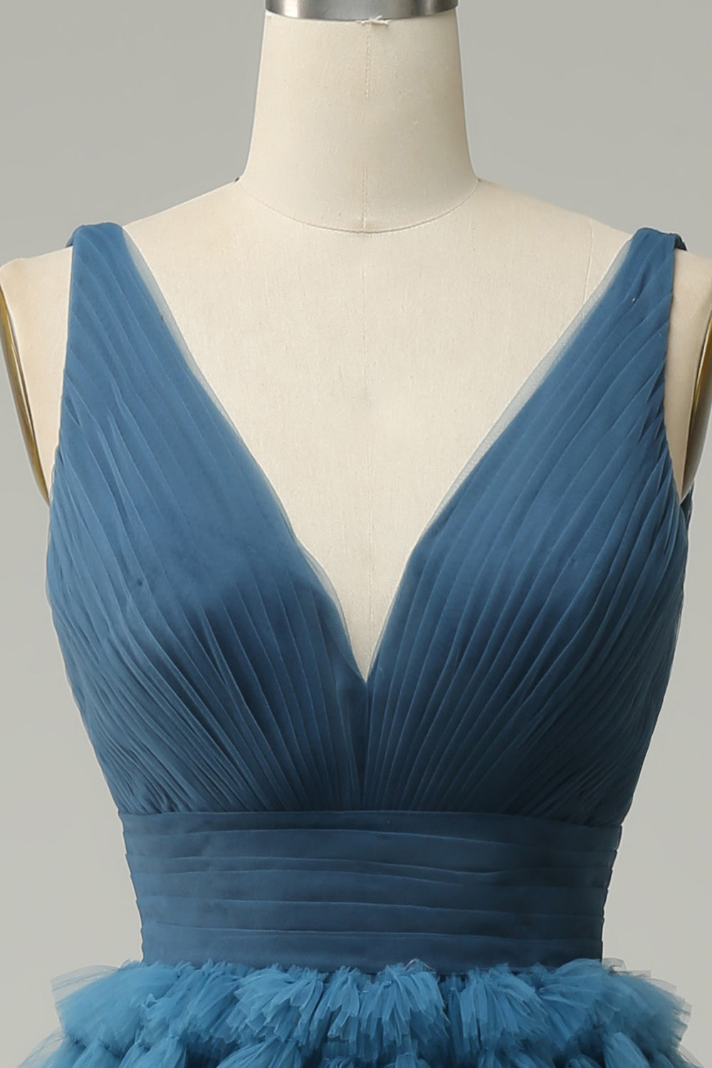 A-Linie blaues V-Ausschnitt langes Ballkleid mit offenem Rücken