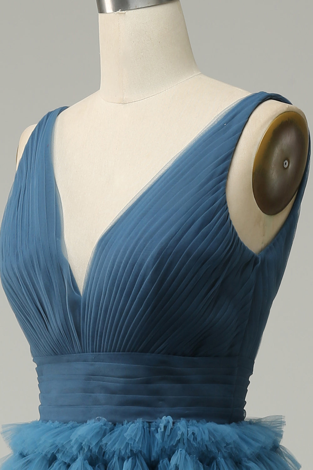 A-Linie blaues V-Ausschnitt langes Ballkleid mit offenem Rücken