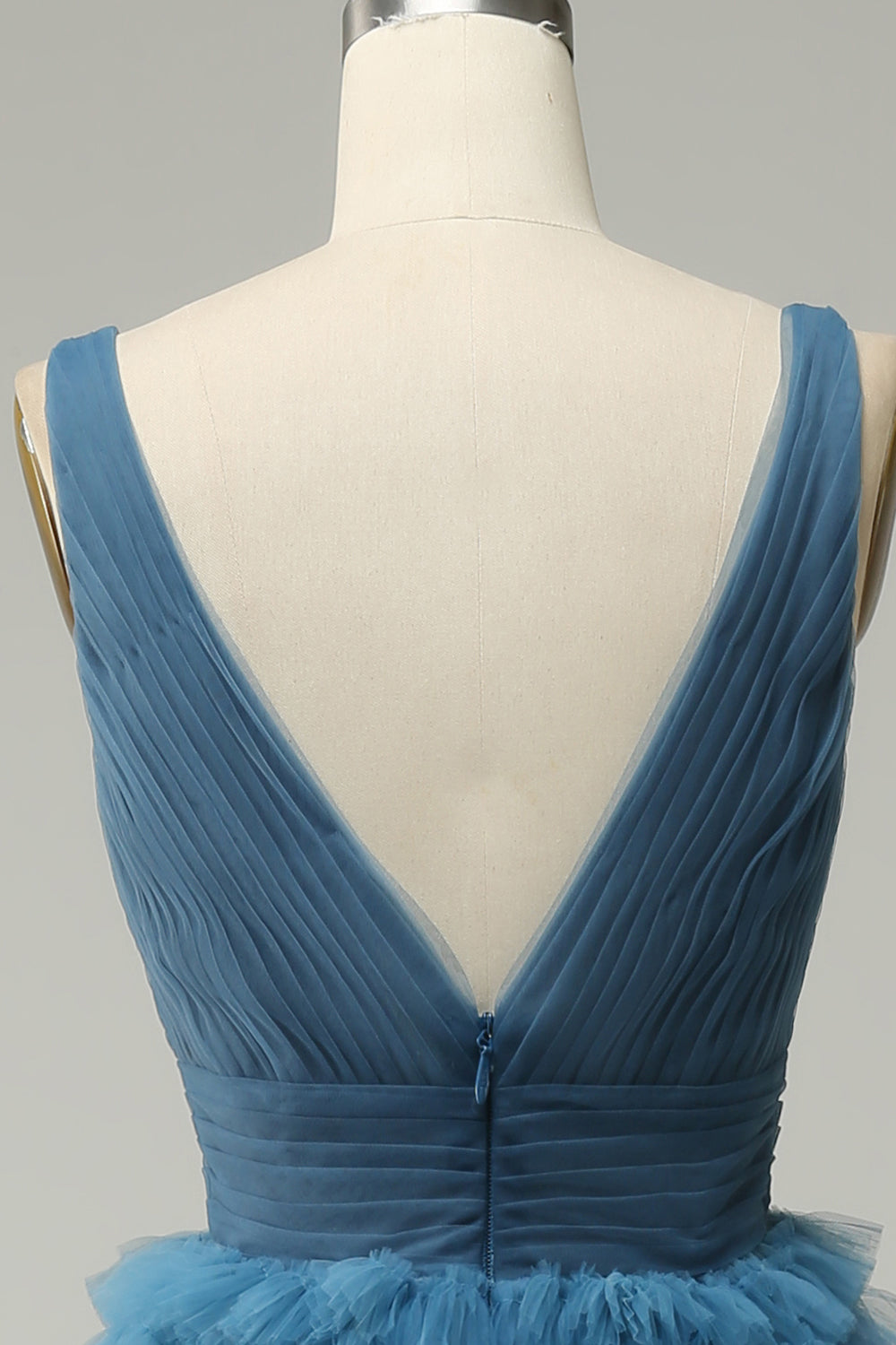 A-Linie blaues V-Ausschnitt langes Ballkleid mit offenem Rücken