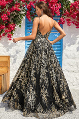 A Linie Spaghettiträger Schwarz Golden Langes Ballkleid mit Bräunung