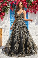A Linie Spaghettiträger Schwarz Golden Langes Ballkleid mit Bräunung