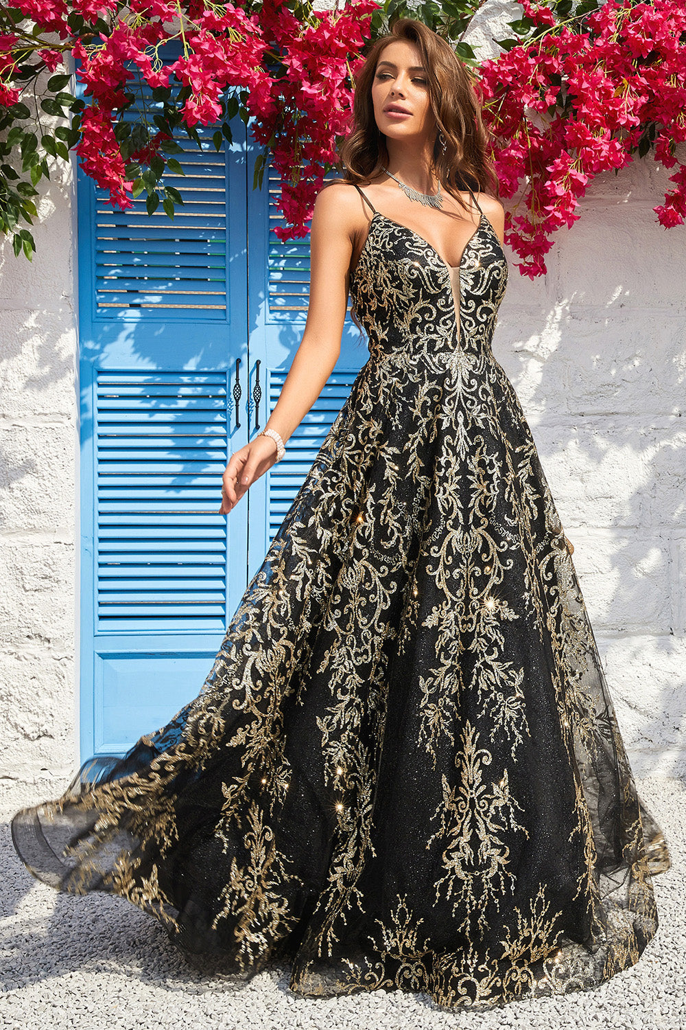 A Linie Spaghettiträger Schwarz Golden Langes Ballkleid mit Bräunung