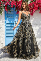 A Linie Spaghettiträger Schwarz Golden Langes Ballkleid mit Bräunung