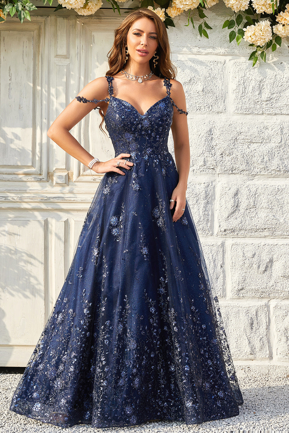 A-Linie schulterfreies marineblaues langes Ballkleid mit Applikationen