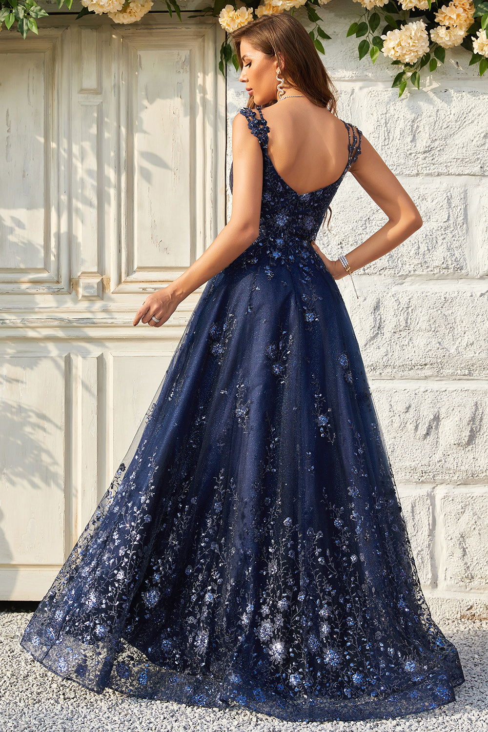 A-Linie schulterfreies marineblaues langes Ballkleid mit Applikationen