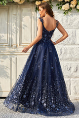 A-Linie schulterfreies marineblaues langes Ballkleid mit Applikationen
