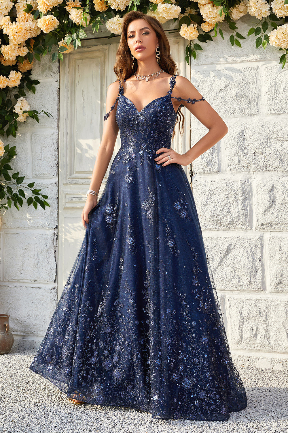 A-Linie schulterfreies marineblaues langes Ballkleid mit Applikationen